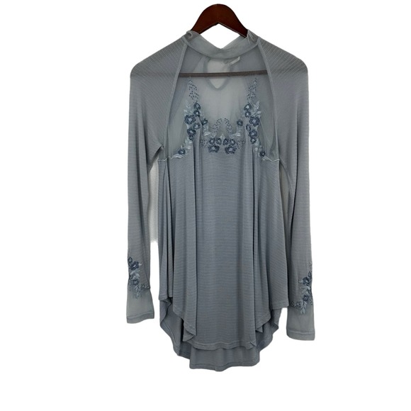 Free People Embroidered Mesh Top Blue Size XS Long Sleeve Semi Sheer Coquette - Picture 2 of 16